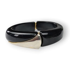 Vintage Asymmetrical Clamper Bracelet Shiny Black Lucite Gold Tone Chunky 7 1/8"